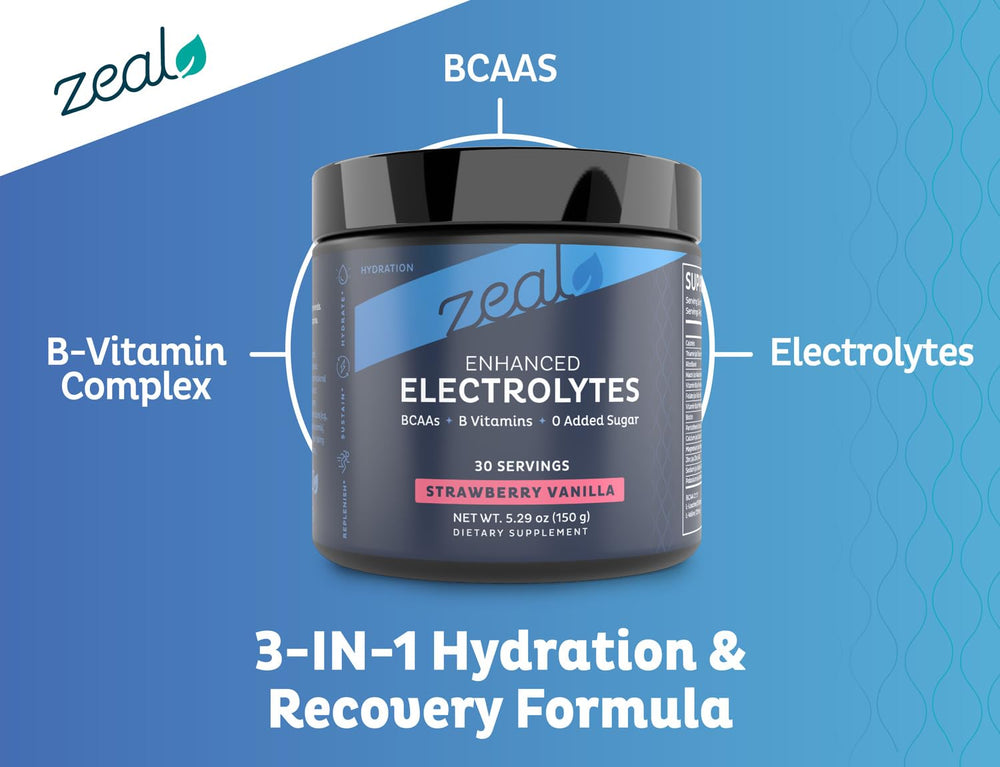 Zeal Electrolyte Powder glass shows refreshing, sugar-free hydration.