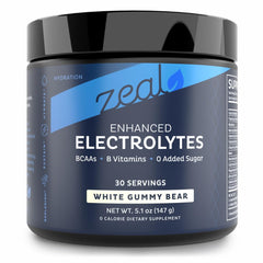 Zeal Electrolyte Powder bottle with white gummy bear flavor for hydration.