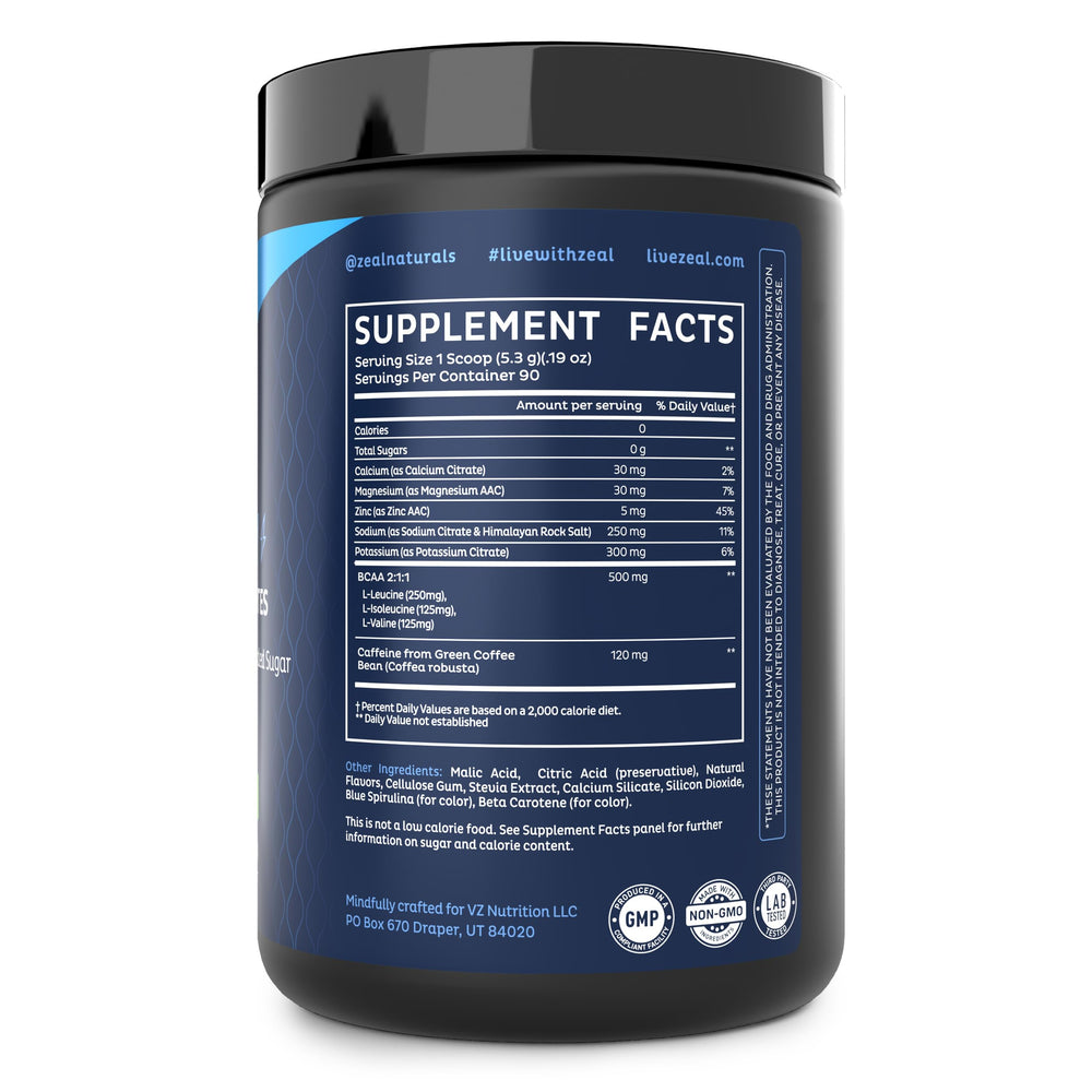 Zeal Electrolyte Powder Zero Sugar formula provides tasty hydration without calories.