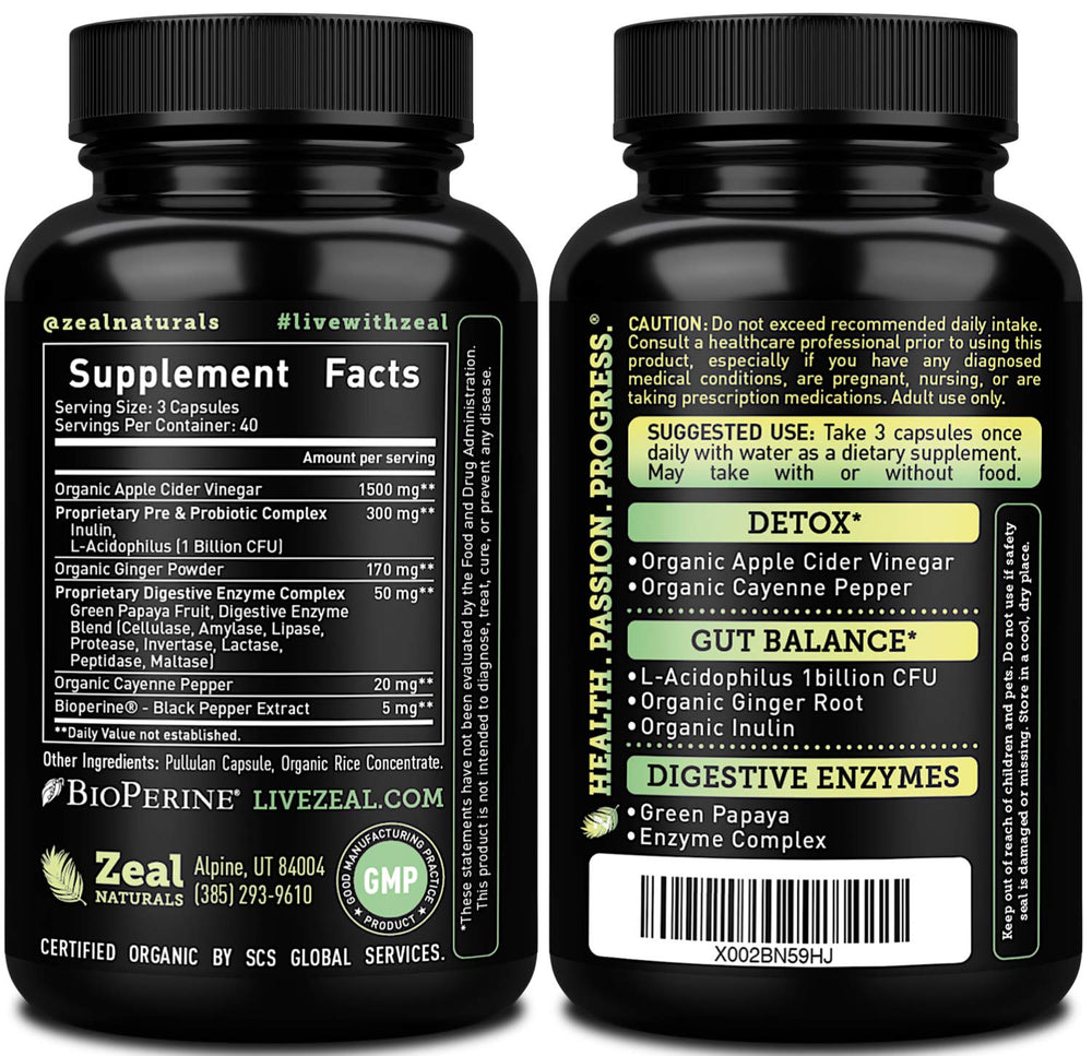 Close-up of Zeal Naturals ACV capsules highlighting potency for digestion