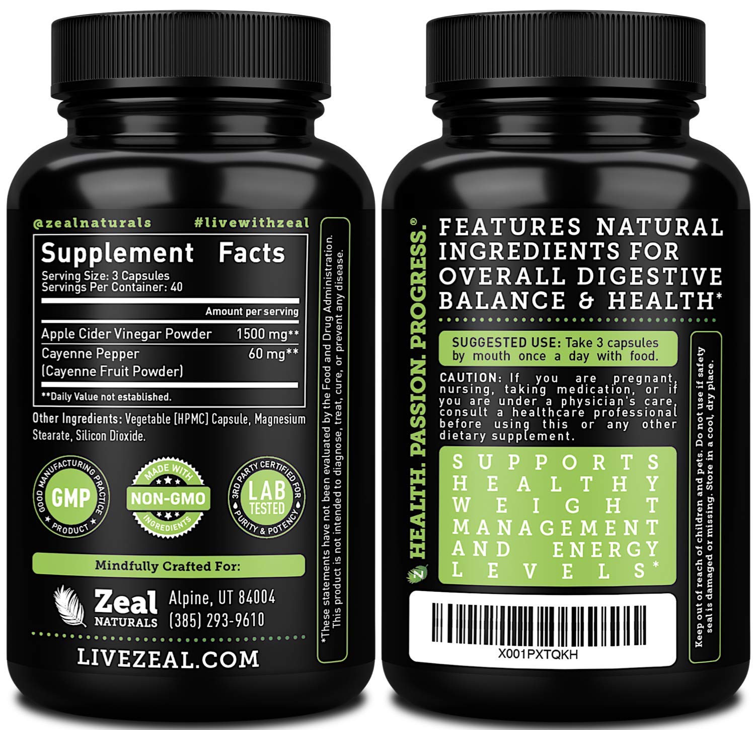 Zeal Naturals capsules close-up label highlighting raw cider vinegar for digestive wellness.