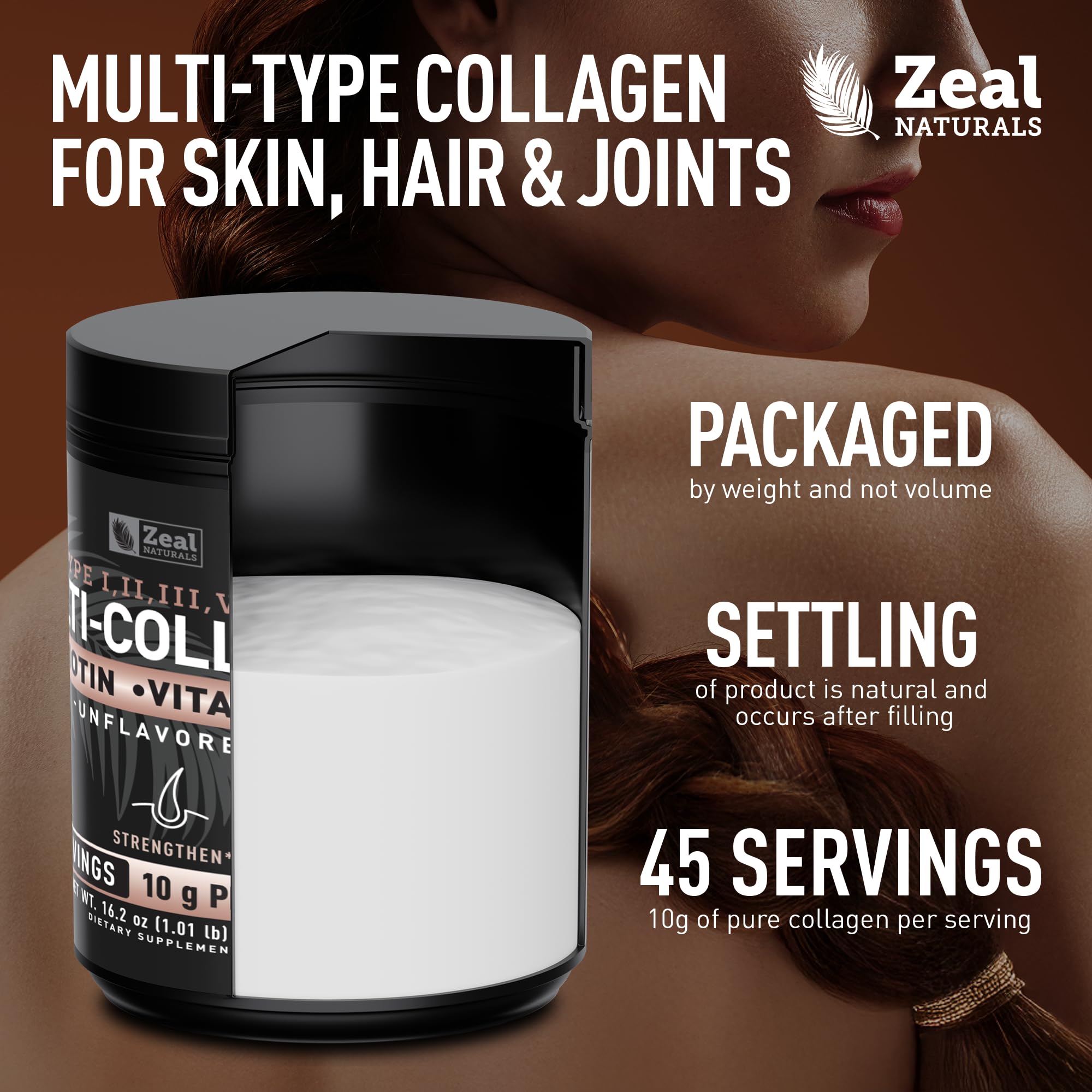 Zeal Naturals Collagen powder close-up highlighting diverse collagen types for joints.