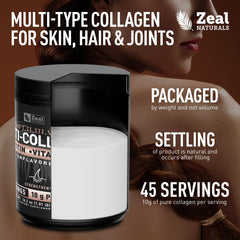 Zeal Naturals Collagen powder close-up highlighting diverse collagen types for joints.