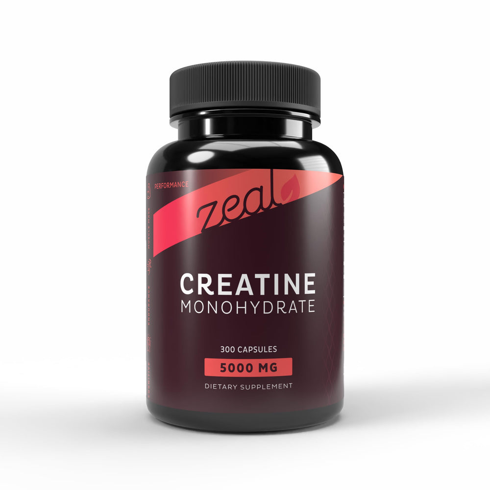 Zeal Naturals Creatine Monohydrate capsules bottle ready for workouts.