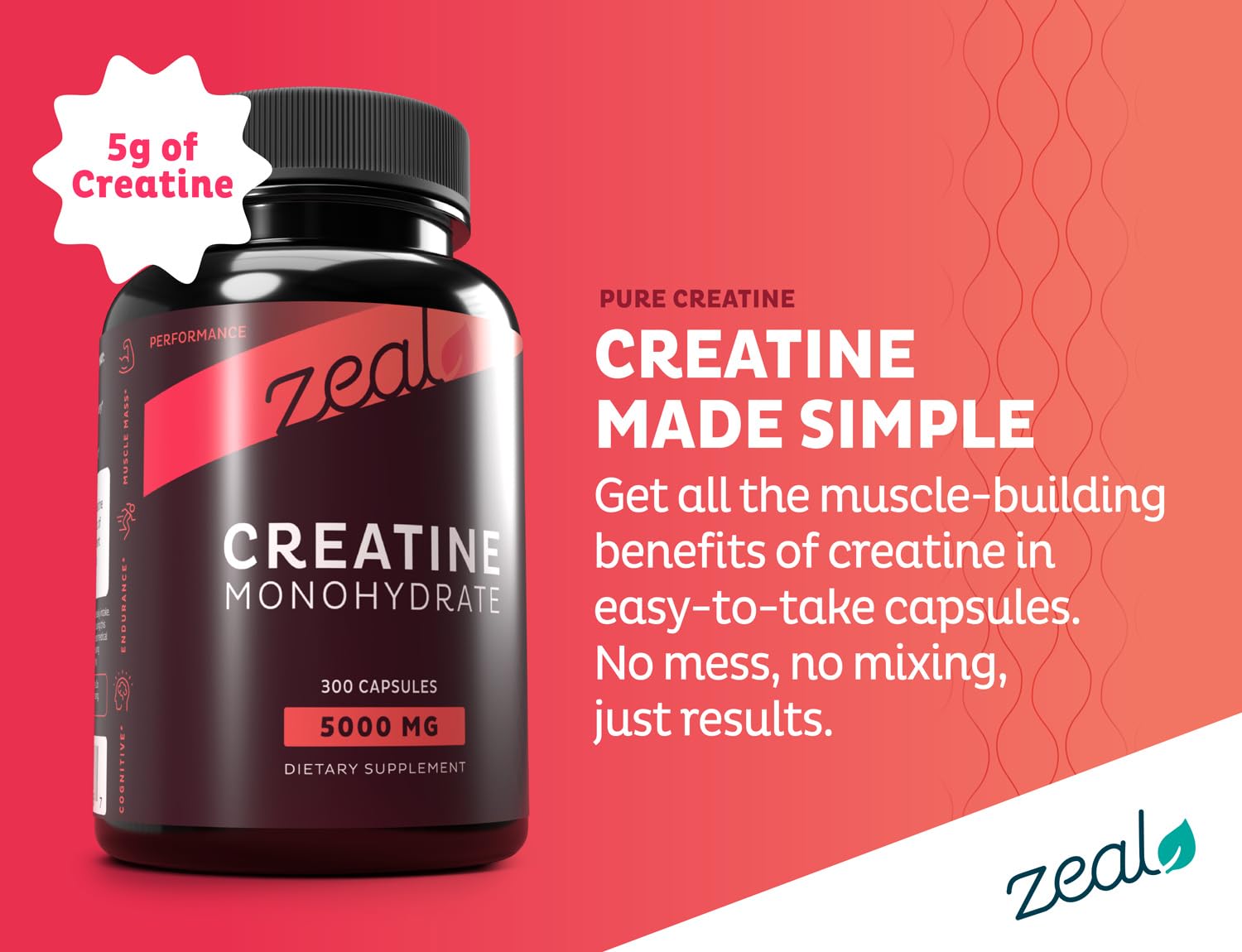 Close-up of Zeal Naturals Creatine Monohydrate capsules for convenient daily use.