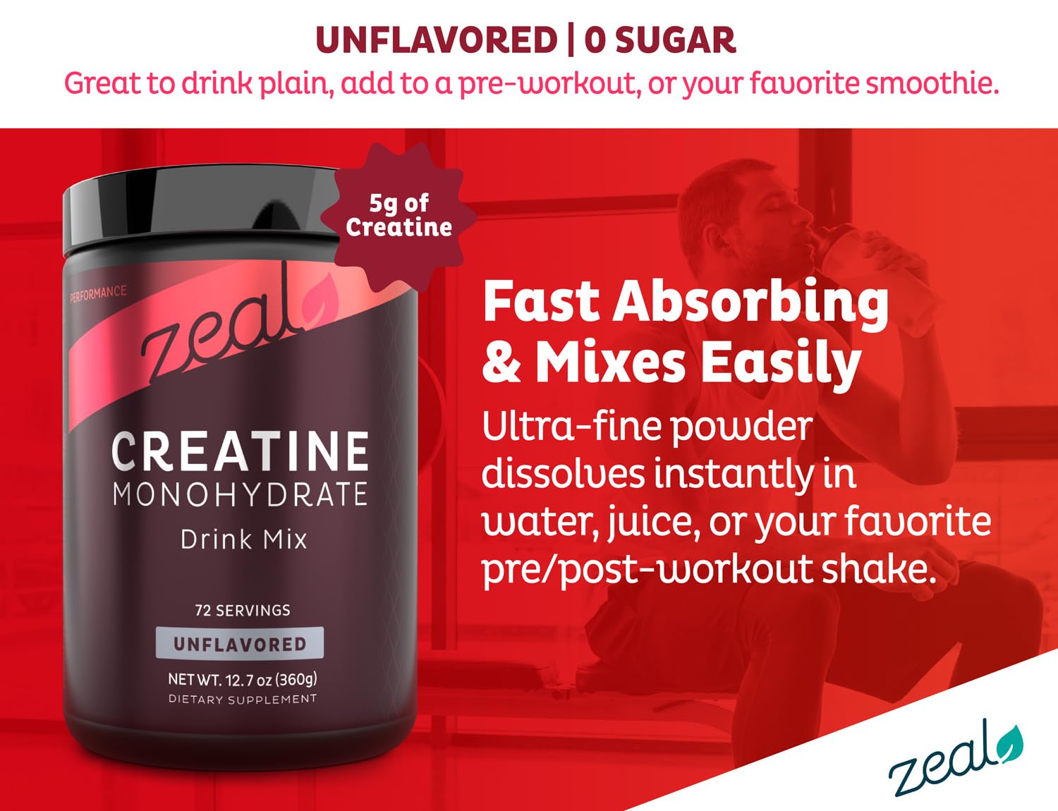 Zeal Naturals creatine monohydrate powder dissolving in water for easy intake.