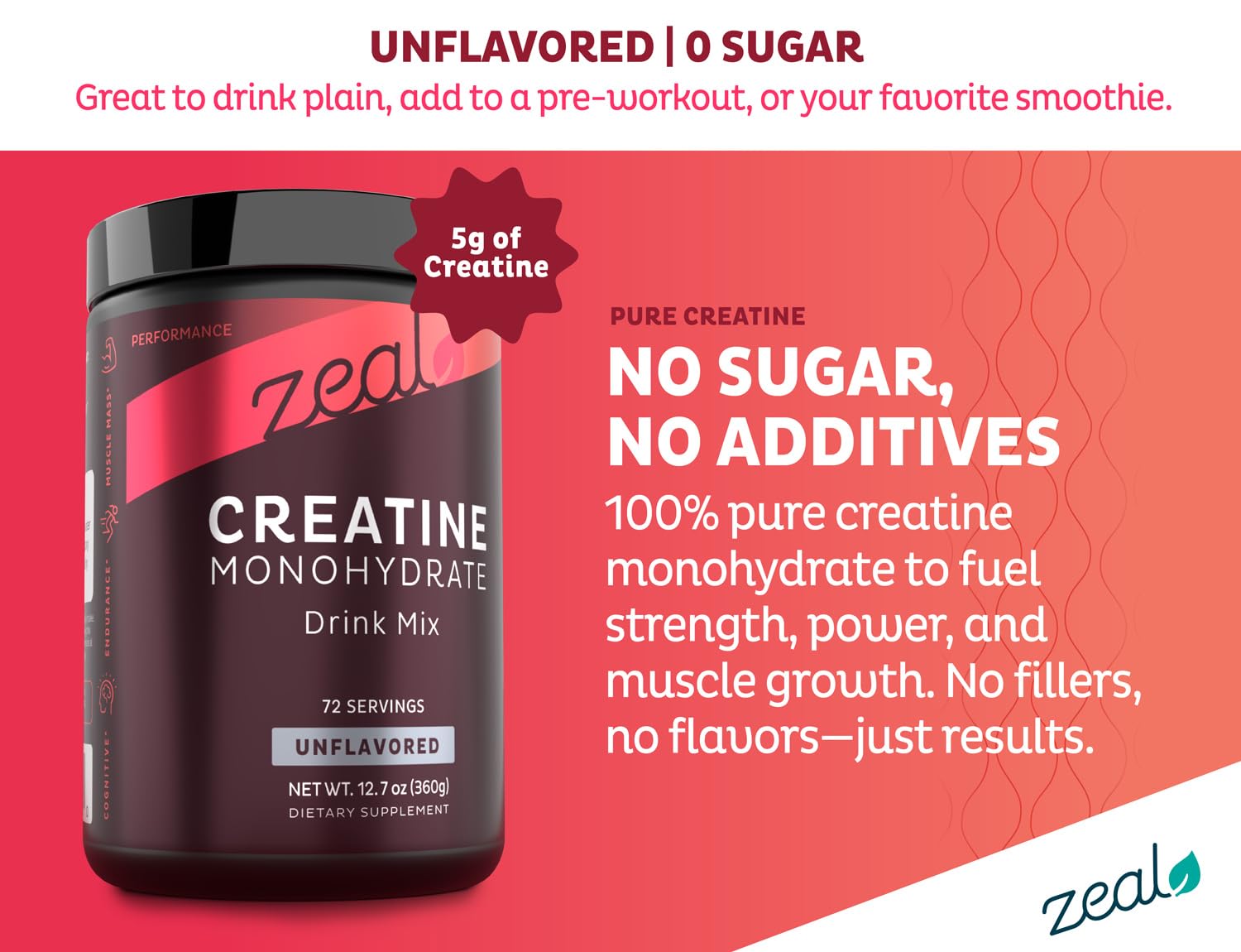 Scoop of Zeal Naturals creatine monohydrate powder ready for quick mixing into shakes.