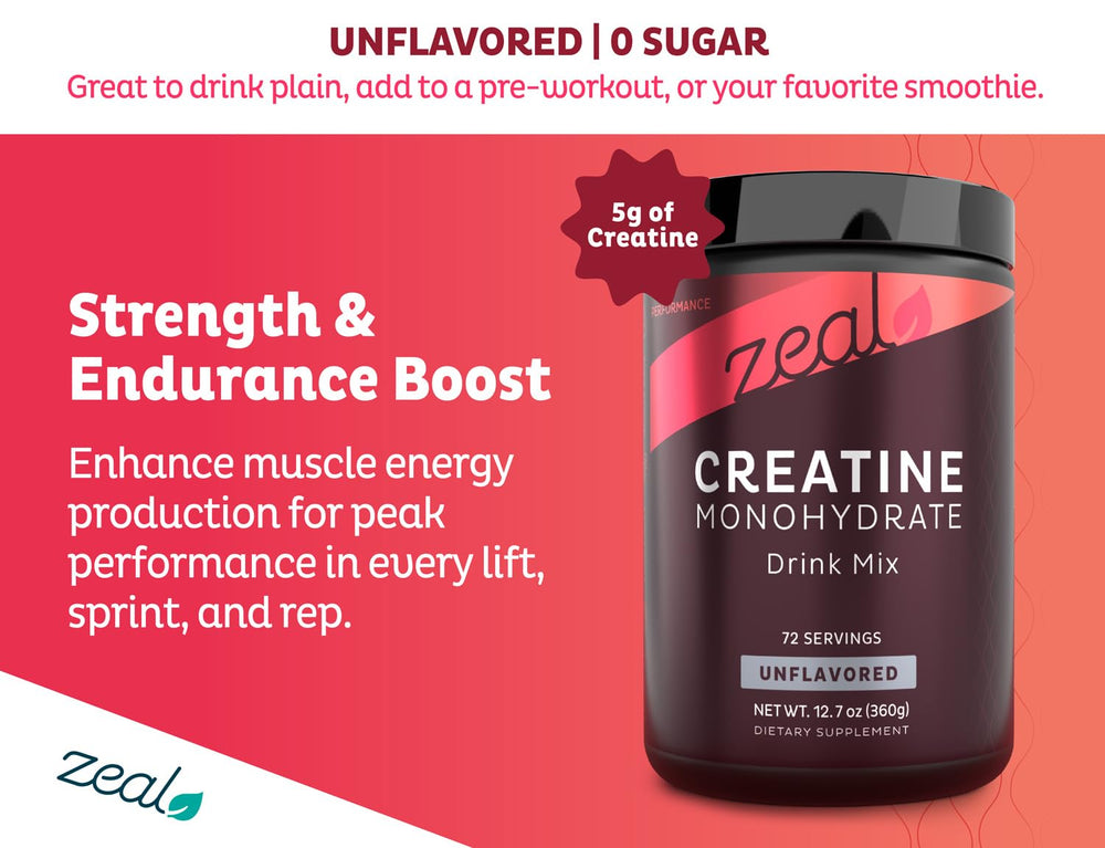 Zeal Naturals creatine monohydrate powder in a shaker for smooth mixes during workouts.