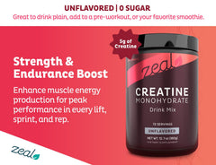 Zeal Naturals creatine monohydrate powder in a shaker for smooth mixes during workouts.