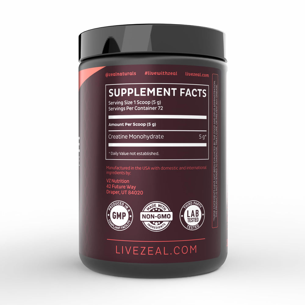 Shaker with Zeal Naturals creatine monohydrate powder ready to shake before training.