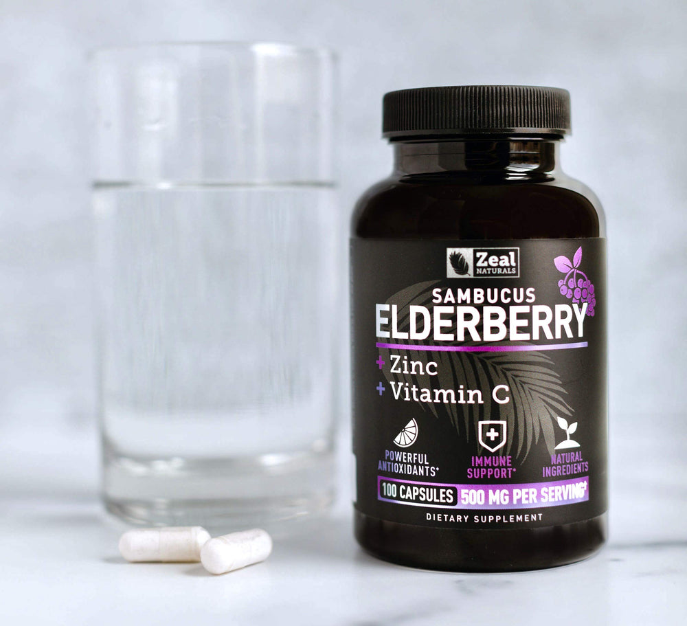 Fresh elderberry berries with Zeal Naturals branding emphasize natural extract