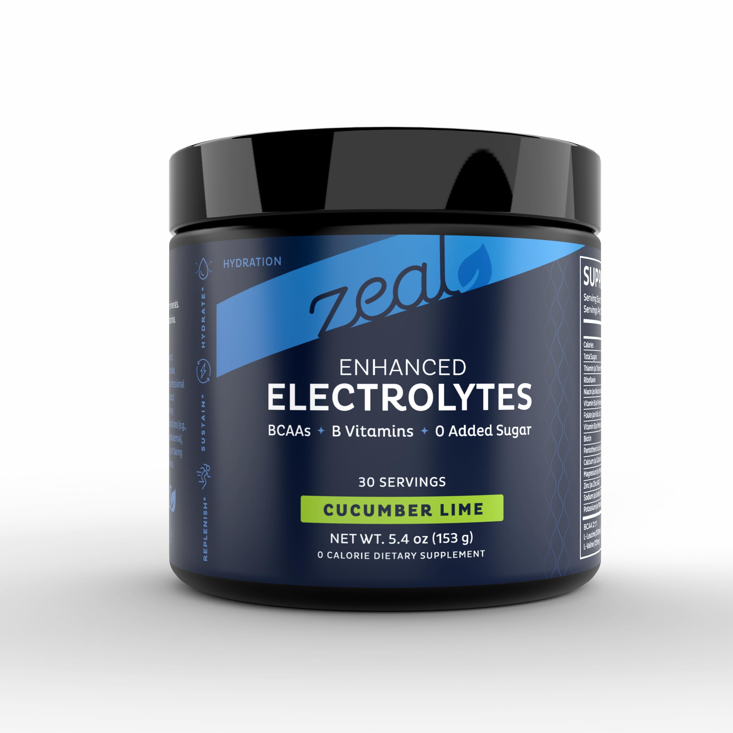 Zeal Naturals electrolyte powder tub for steady hydration during workouts.