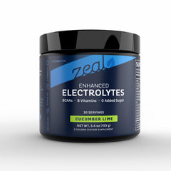 Zeal Naturals electrolyte powder tub for steady hydration during workouts.