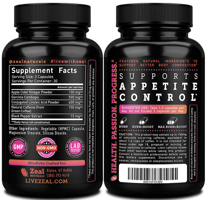 Zeal Naturals Garcinia Cambogia diet pills displayed for appetite-aware routines.