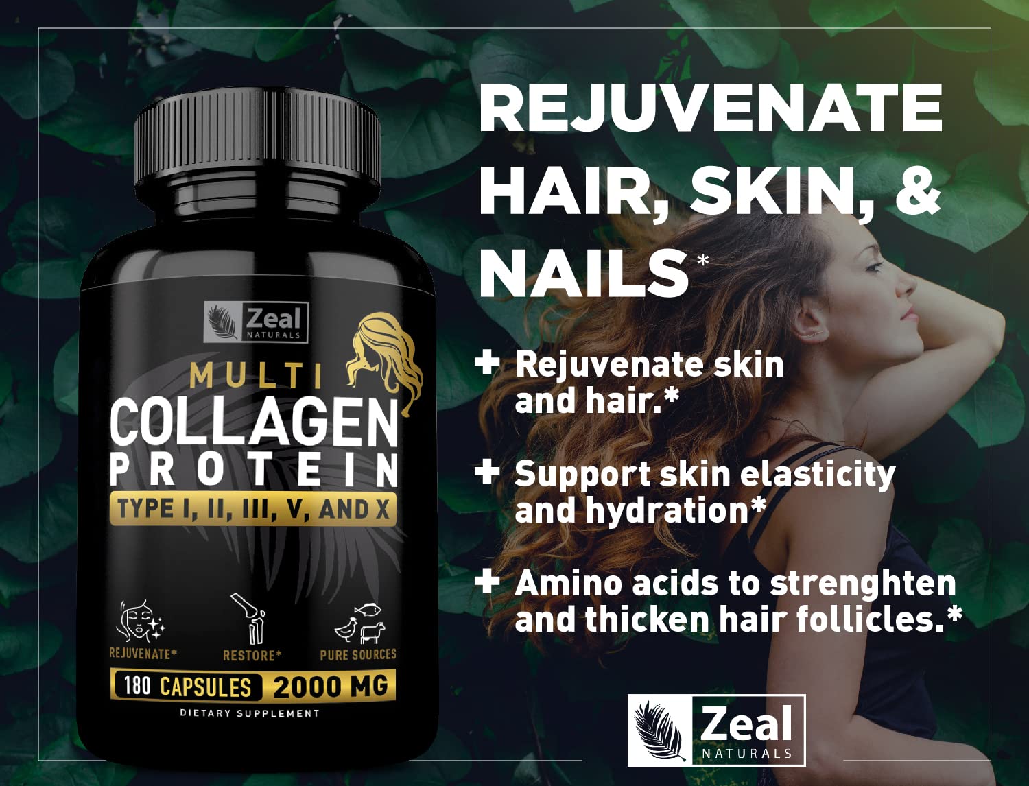 Closeup of Zeal Naturals grass-fed collagen pills showing premium sources for hair and skin.