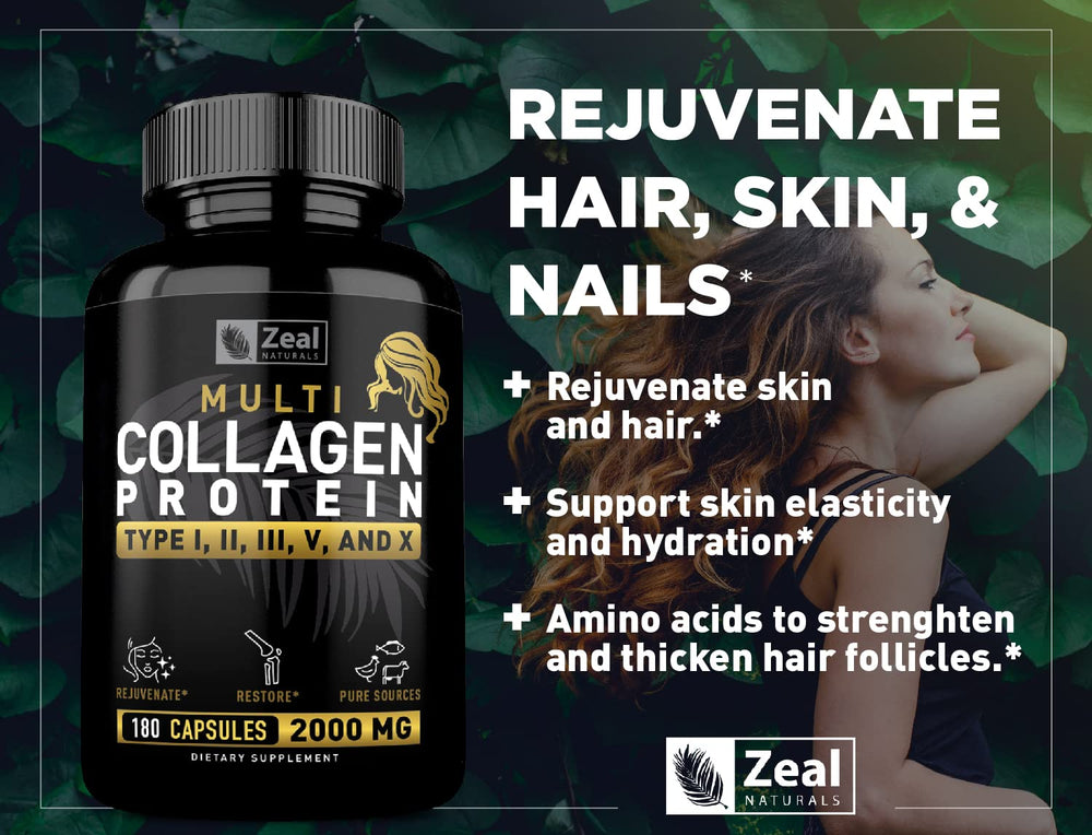 Closeup of Zeal Naturals grass-fed collagen pills showing premium sources for hair and skin.