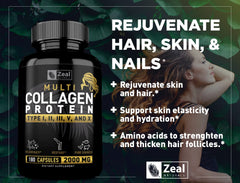 Closeup of Zeal Naturals grass-fed collagen pills showing premium sources for hair and skin.