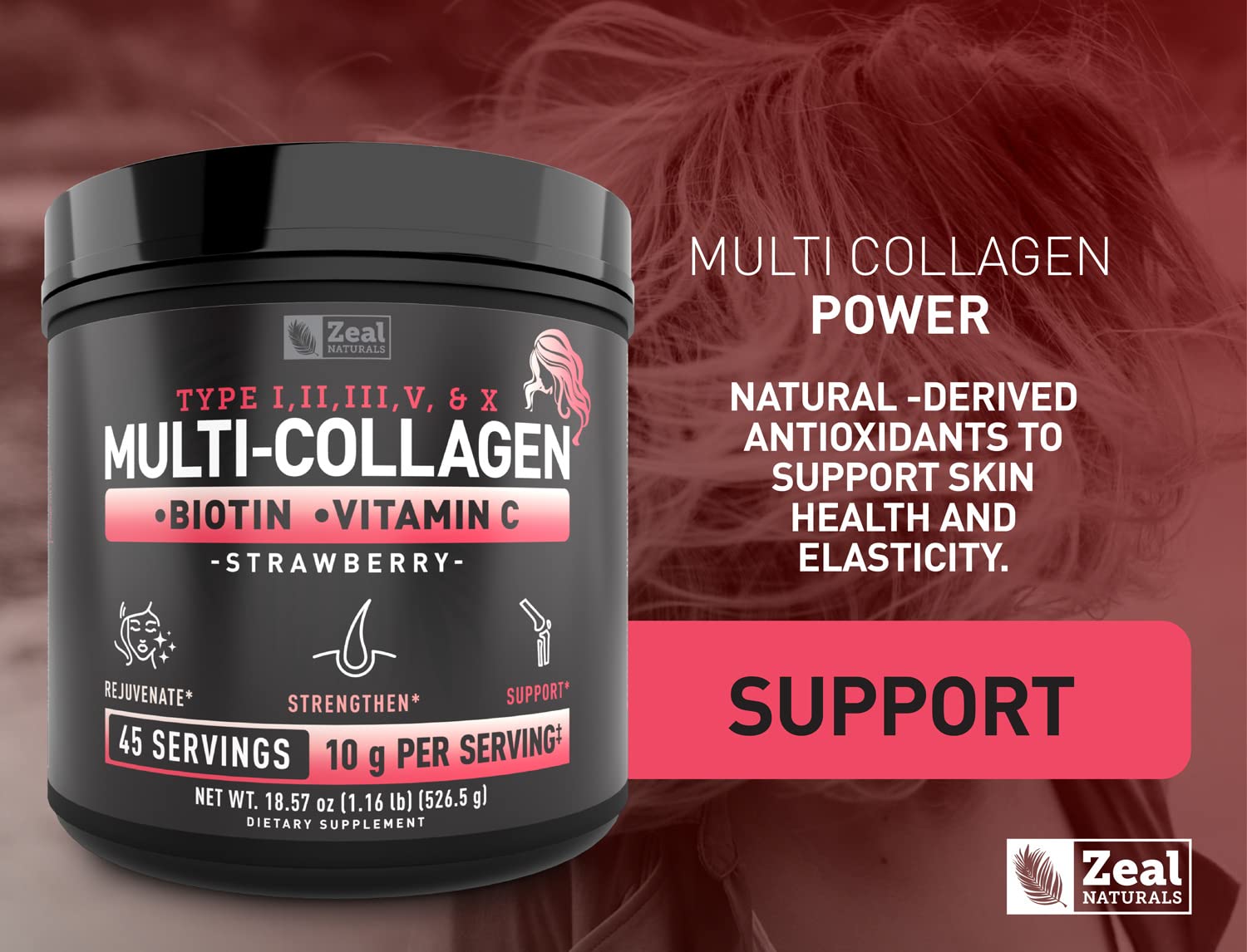 Zeal Naturals hydrolyzed collagen process image emphasizes quality and mixability.