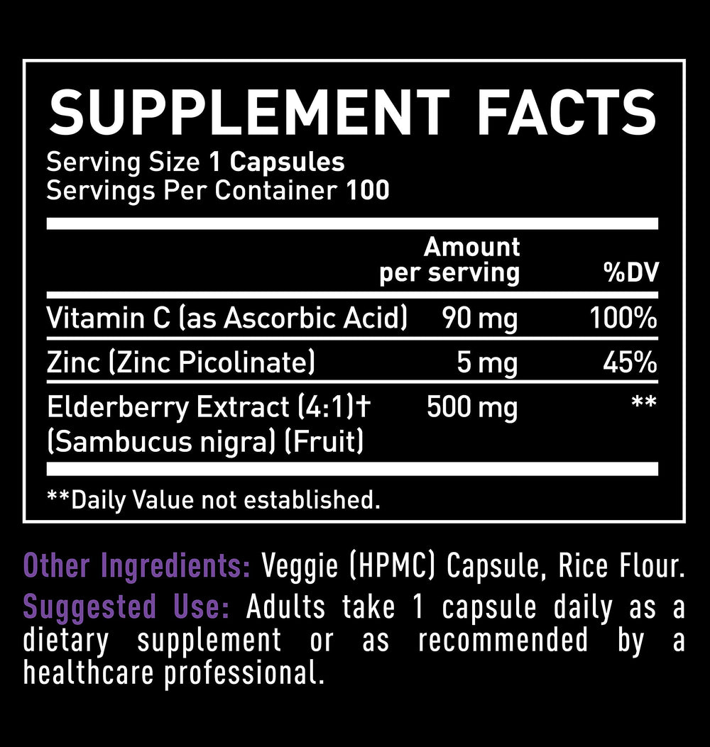 Ingredients panel shows elderberry, vitamin C, and zinc for antioxidant support