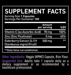 Ingredients panel shows elderberry, vitamin C, and zinc for antioxidant support