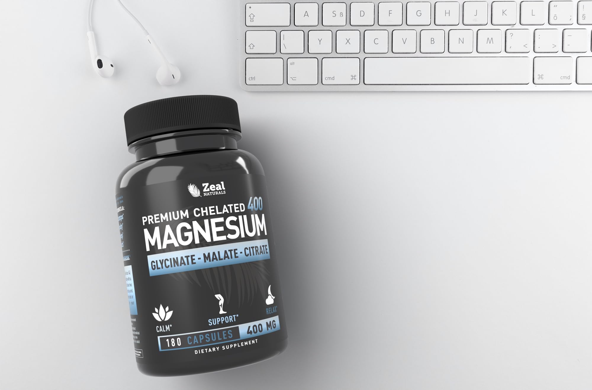 Zeal Naturals magnesium bottle label detail showing chelated forms glycinate, malate, citrate.