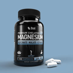 Zeal Naturals magnesium capsules close-up highlighting high absorption potential.