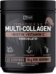 Zeal Naturals multi collagen powder chocolate bottle for daily hair skin and nails support