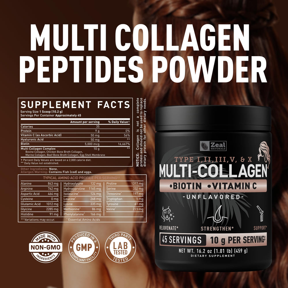 Zeal Naturals Multi Collagen Powder scoop suggesting easy mixing into beverages.