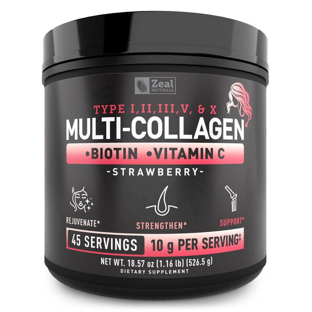 Zeal Naturals Premium Multi Collagen powder bottle for daily use supporting hair, skin, and nails.