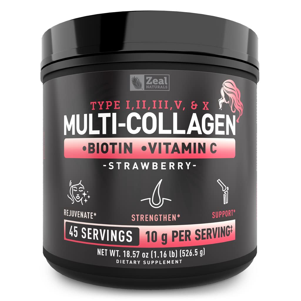 Zeal Naturals Premium Multi Collagen powder bottle for daily use supporting hair, skin, and nails.