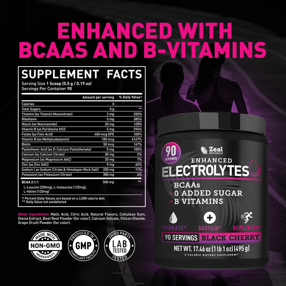 Glass of black cherry Zeal Electrolyte drink demonstrating vibrant hydration.