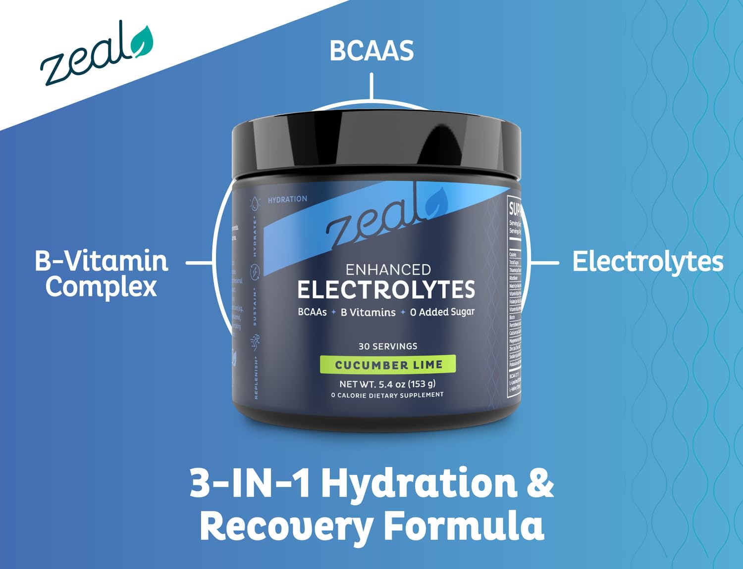 Zeal Naturals zero sugar electrolyte powder pack for sugar-free hydration.