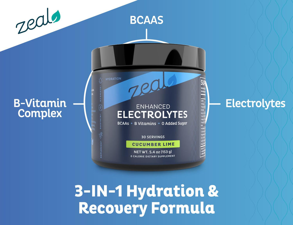 Zeal Naturals zero sugar electrolyte powder pack for sugar-free hydration.
