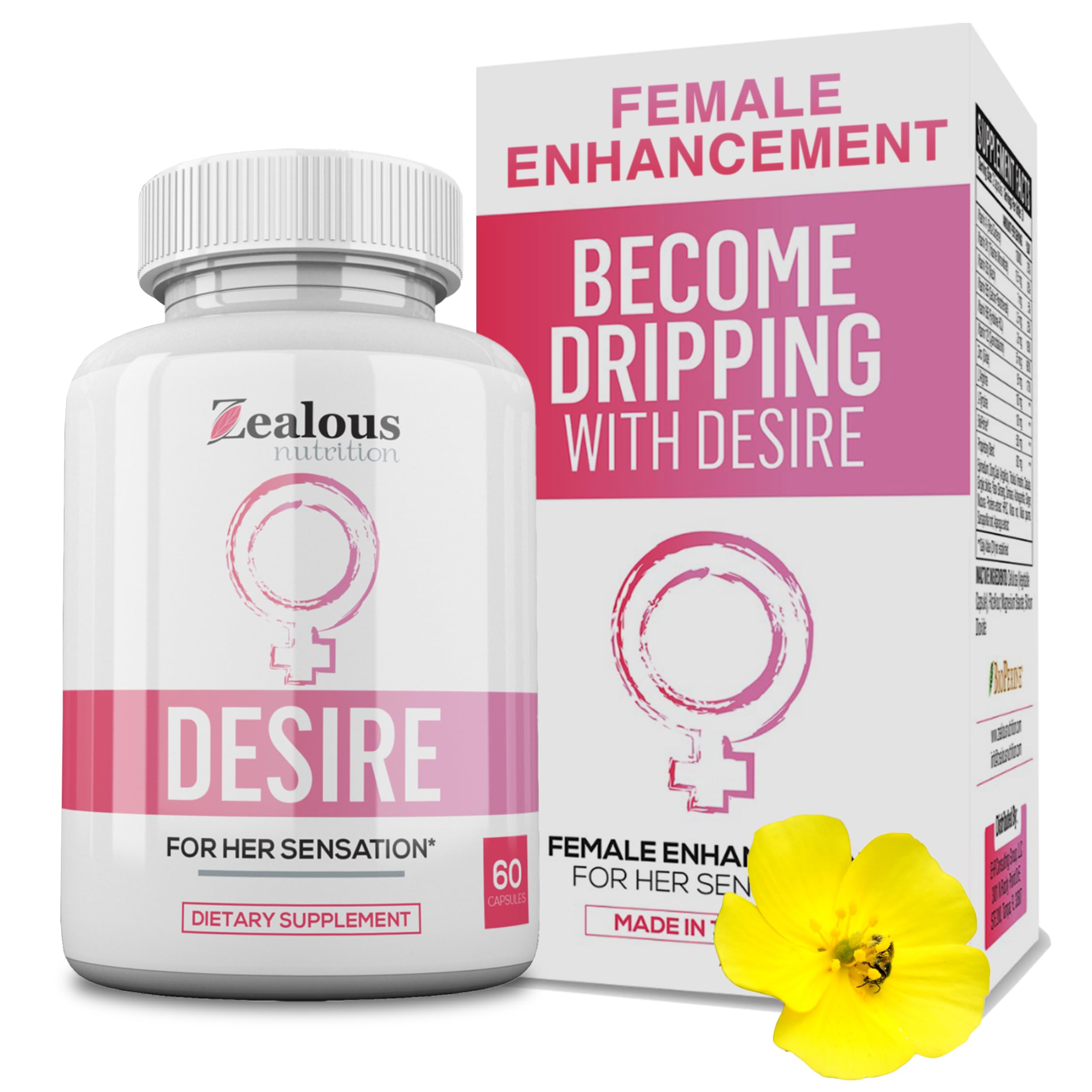 Zealous Nutrition Desire bottle pour highlights quick vitality support for women.