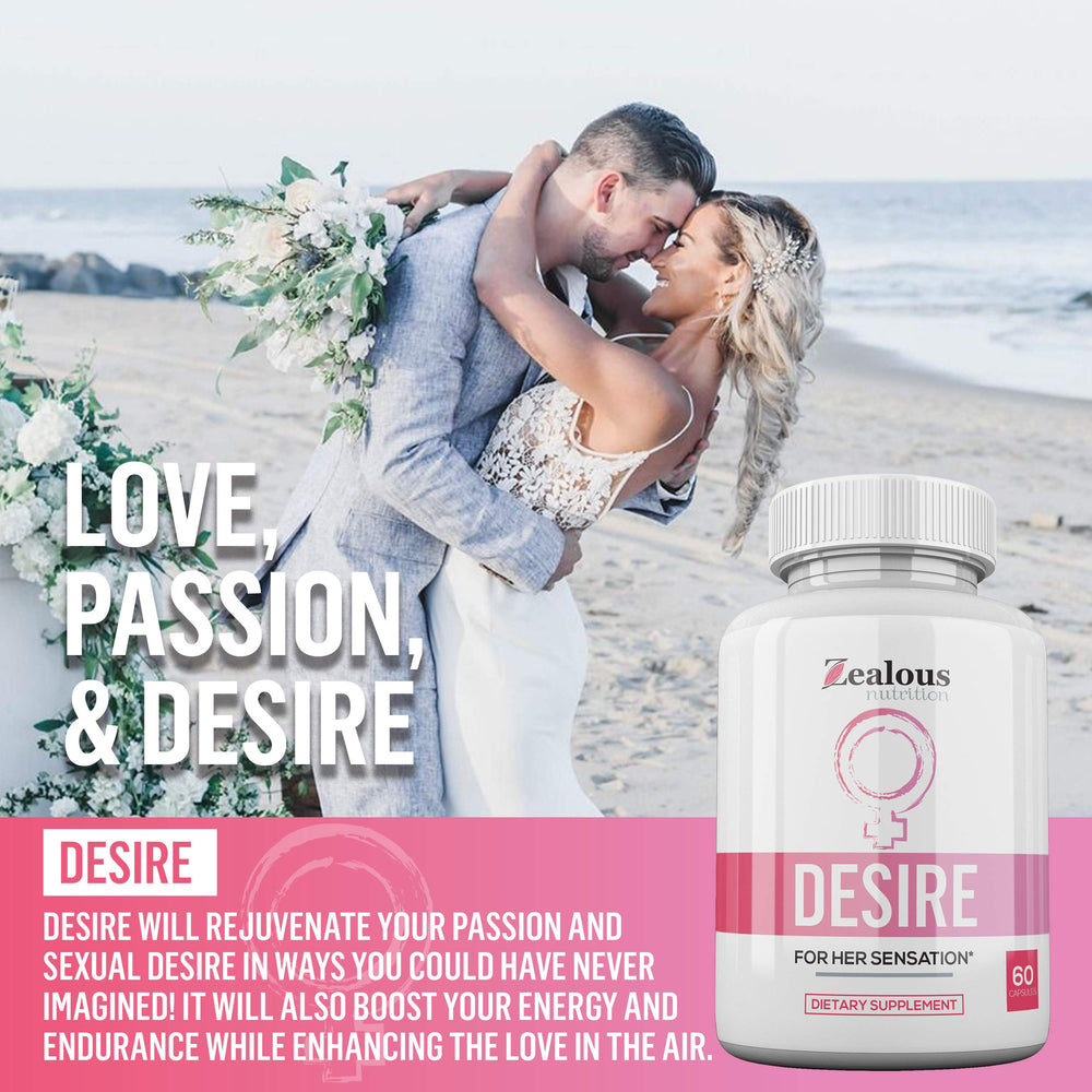 Zealous Nutrition Desire capsules closeup reveals sleek, natural libido booster formula.
