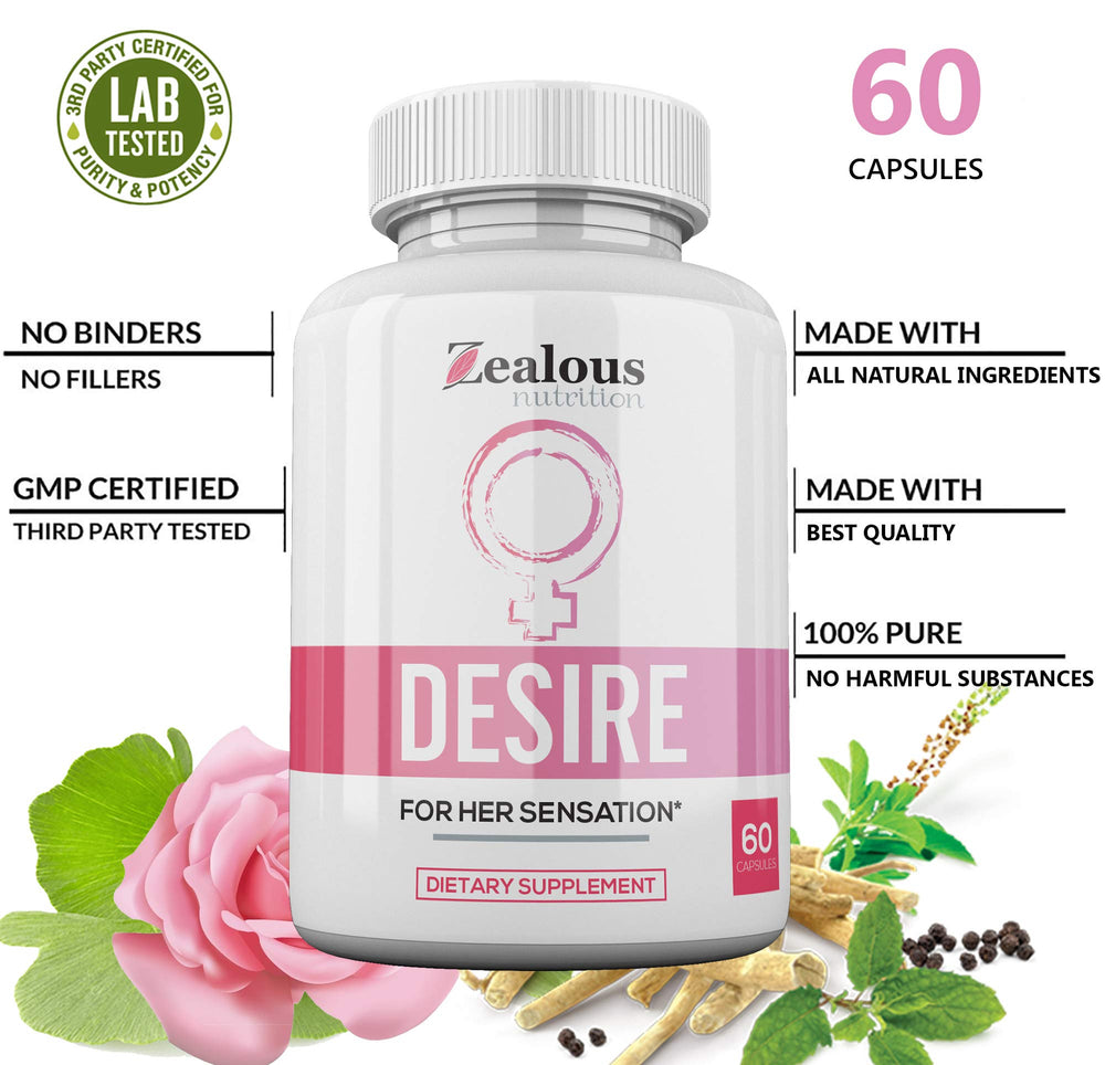 Zealous Nutrition Desire label highlights fast-acting female libido boost potential.