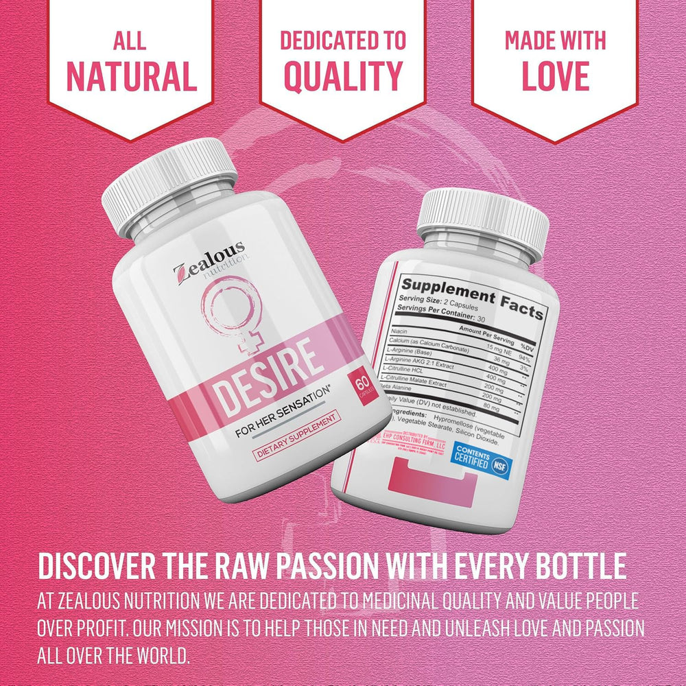 Zealous Nutrition Desire label details emphasize potency and safety standards.