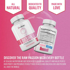Zealous Nutrition Desire label details emphasize potency and safety standards.