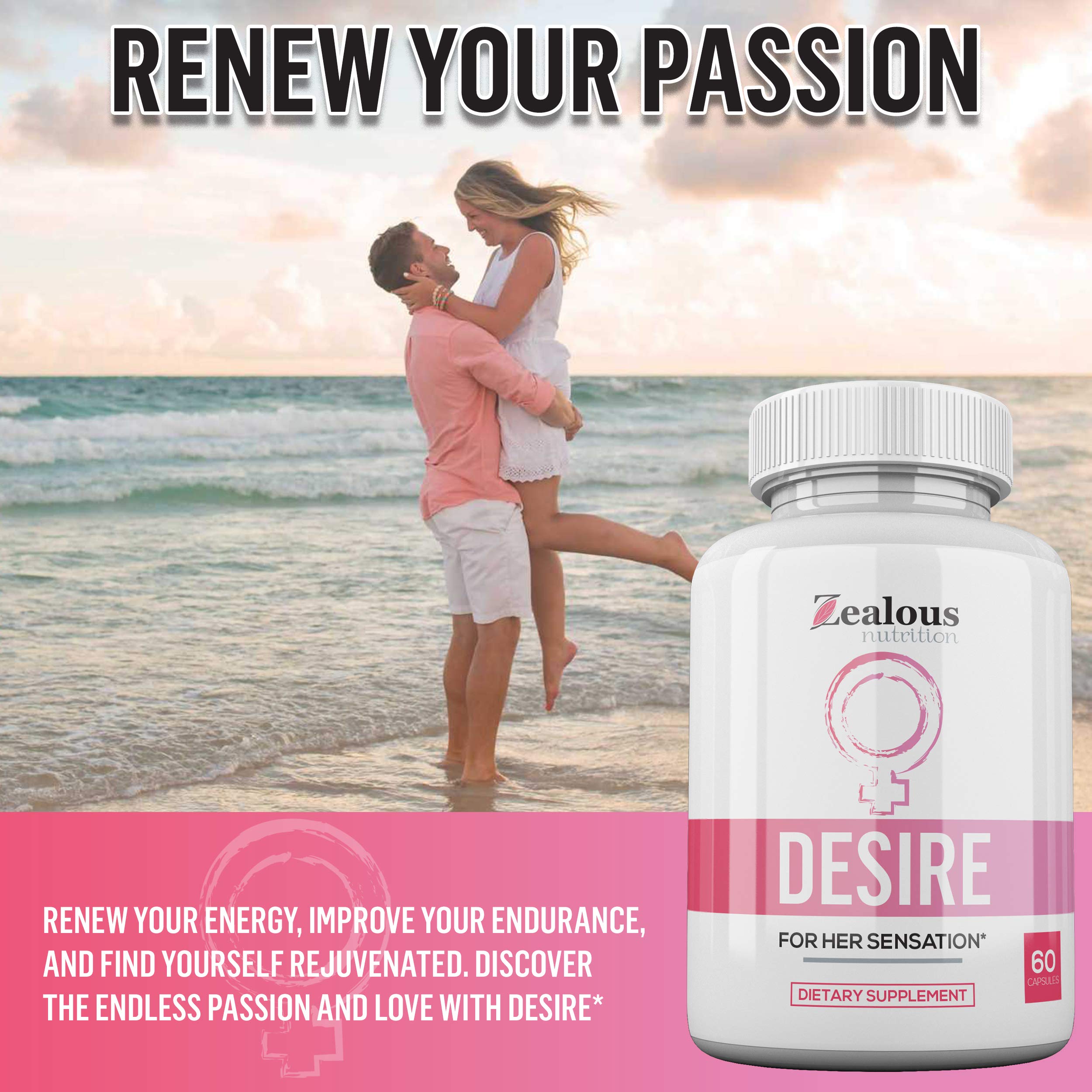 Zealous Nutrition Desire packaging front showcases premium all-natural ingredients.