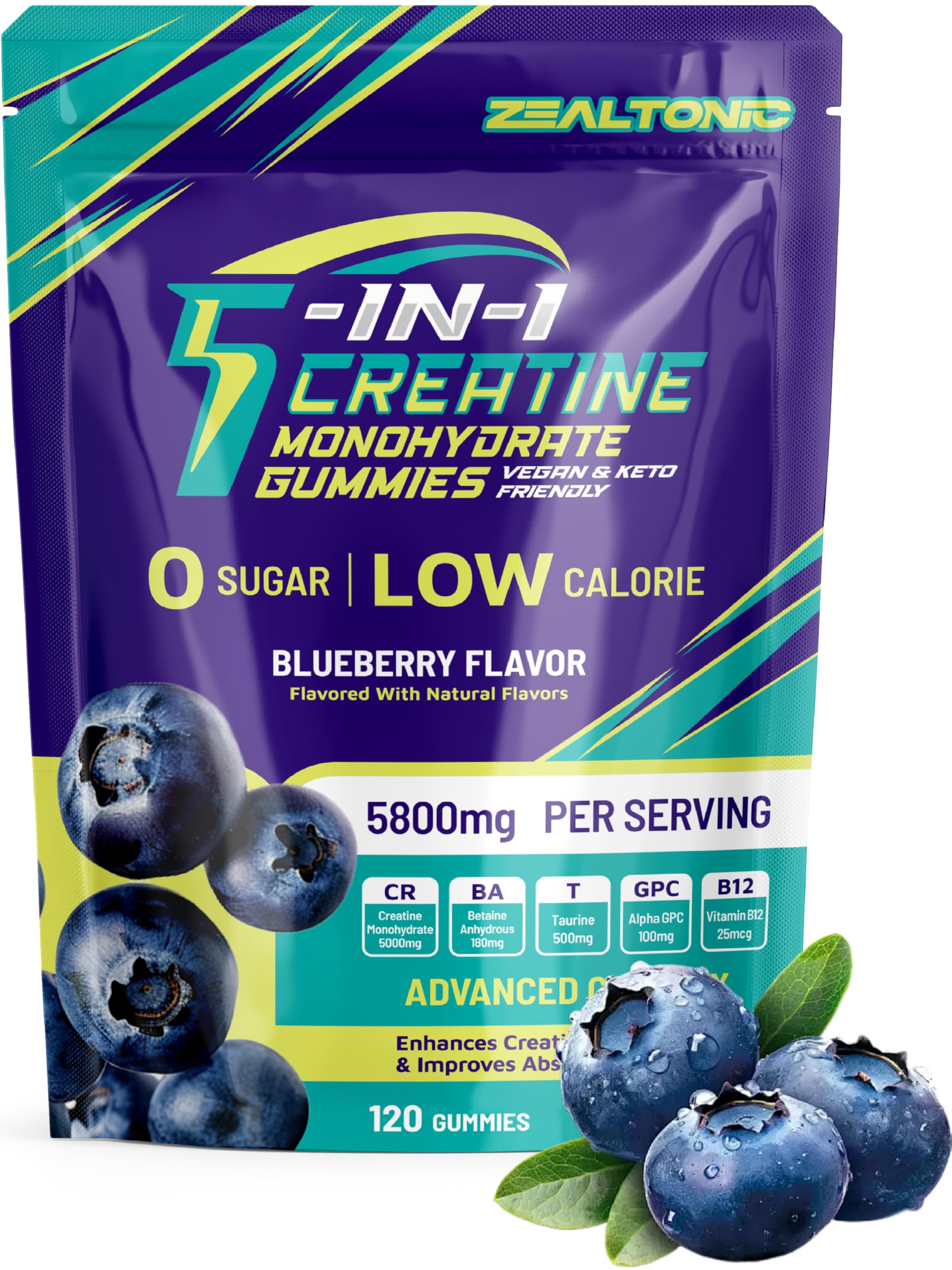 Zealtonic Creatine Gummies blueberry bottle for on-the-go energy.