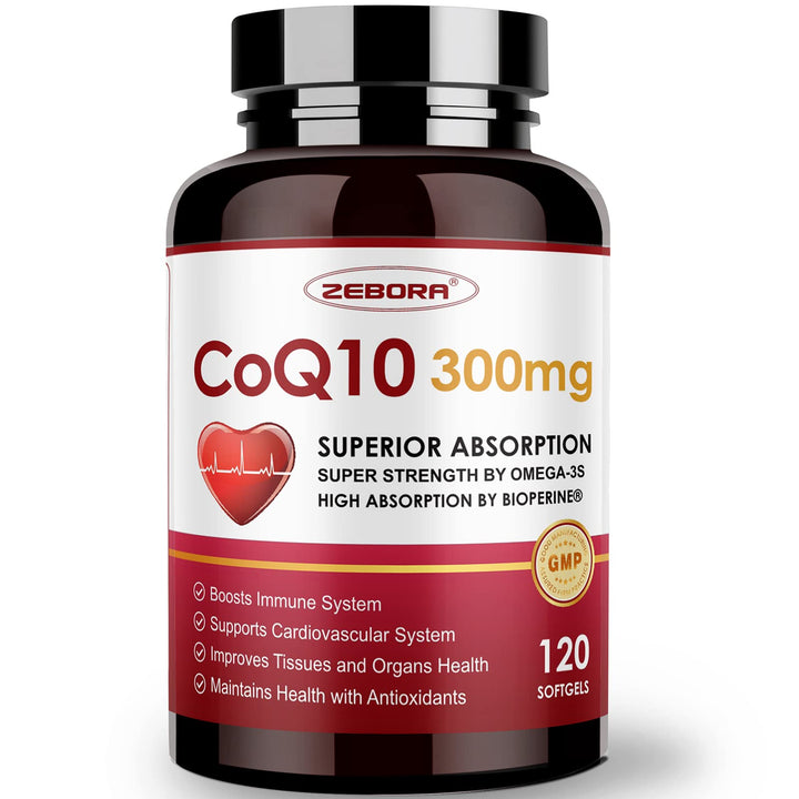 ZEBORA CoQ10 300mg softgels bottle for convenient daily heart support