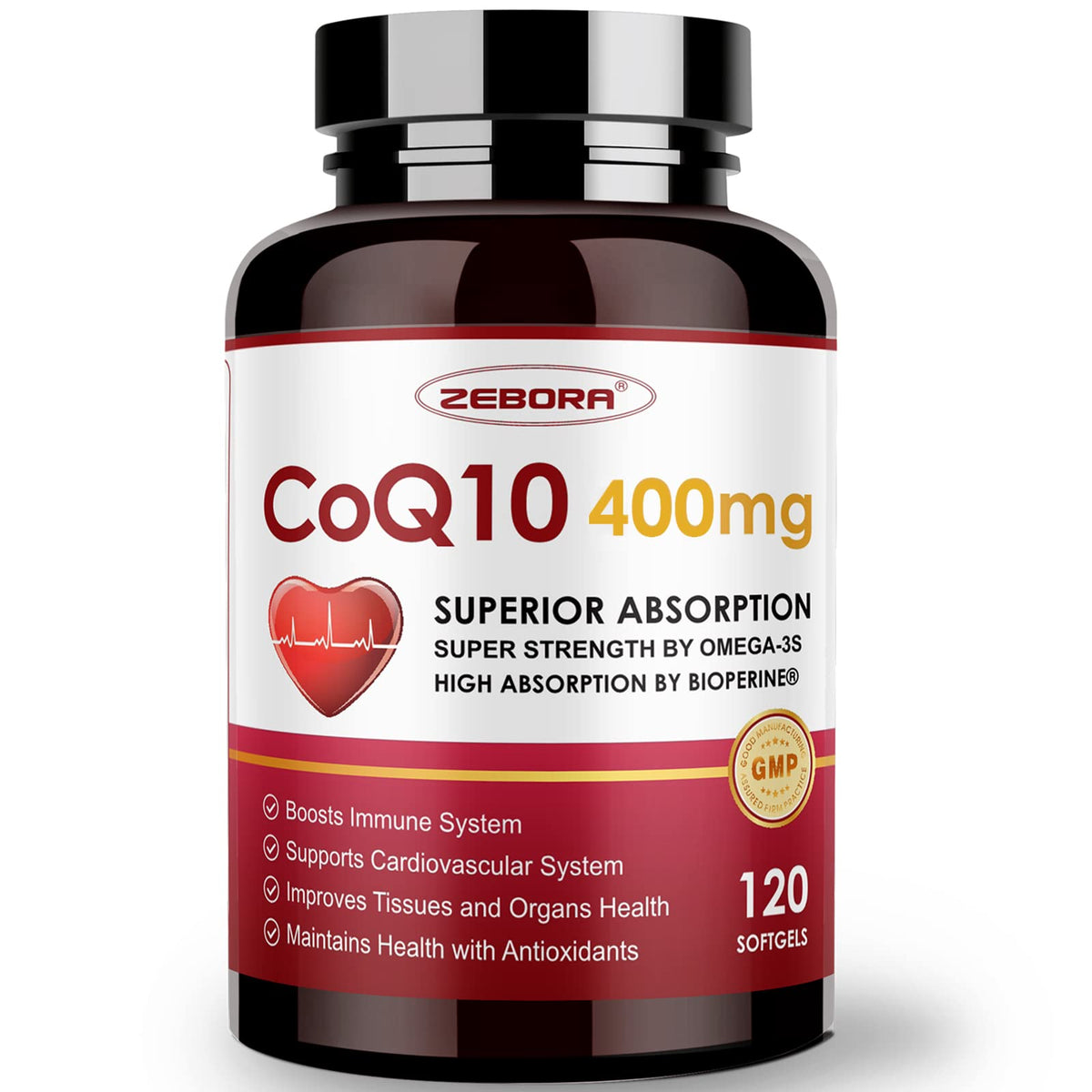 ZEBORA CoQ10 bottle showing high-absorption softgels for daily energy support