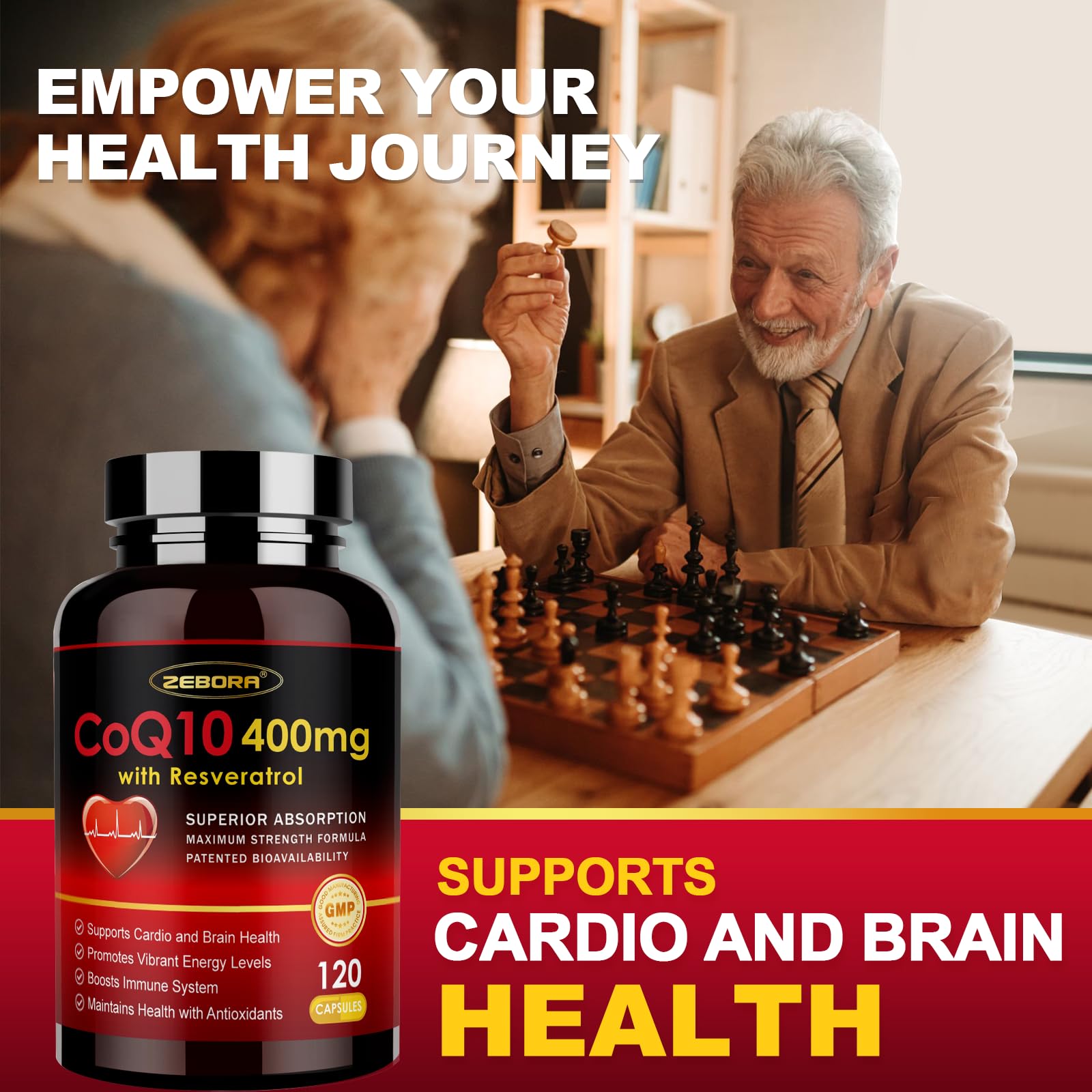 ZEBORA CoQ10 ingredients visual featuring Resveratrol, PQQ, and Vitamin E.