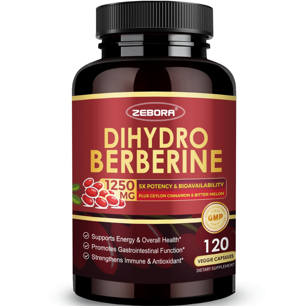 ZEBORA Dihydroberberine bottle view showing easy-to-swallow capsules for daily wellness