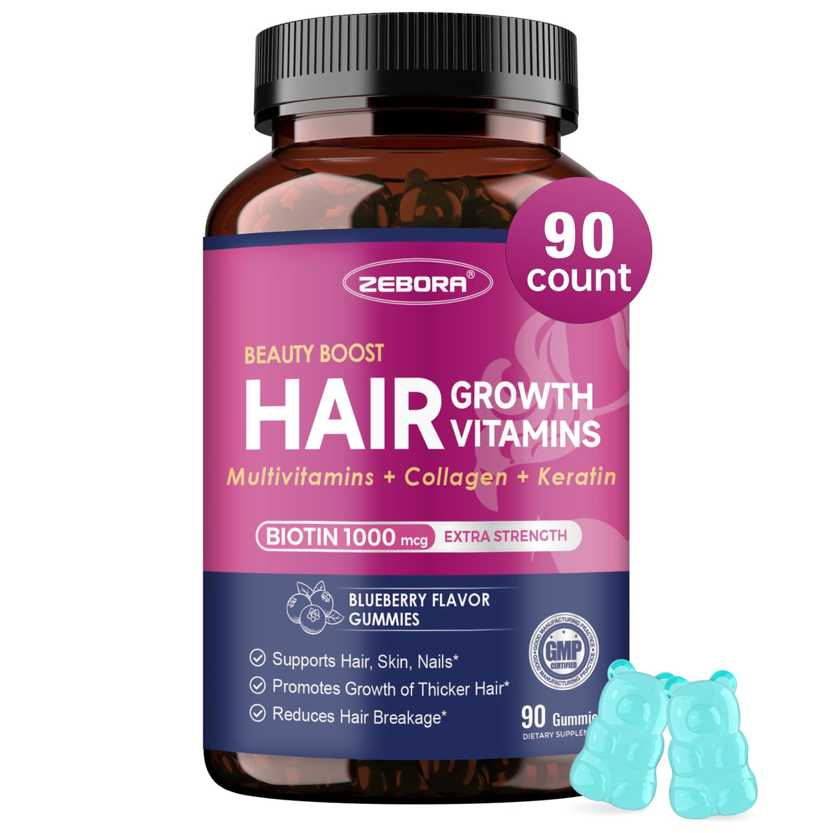 ZEBORA hair-growth vitamins blueberry gummies in bottle for daily beauty support.
