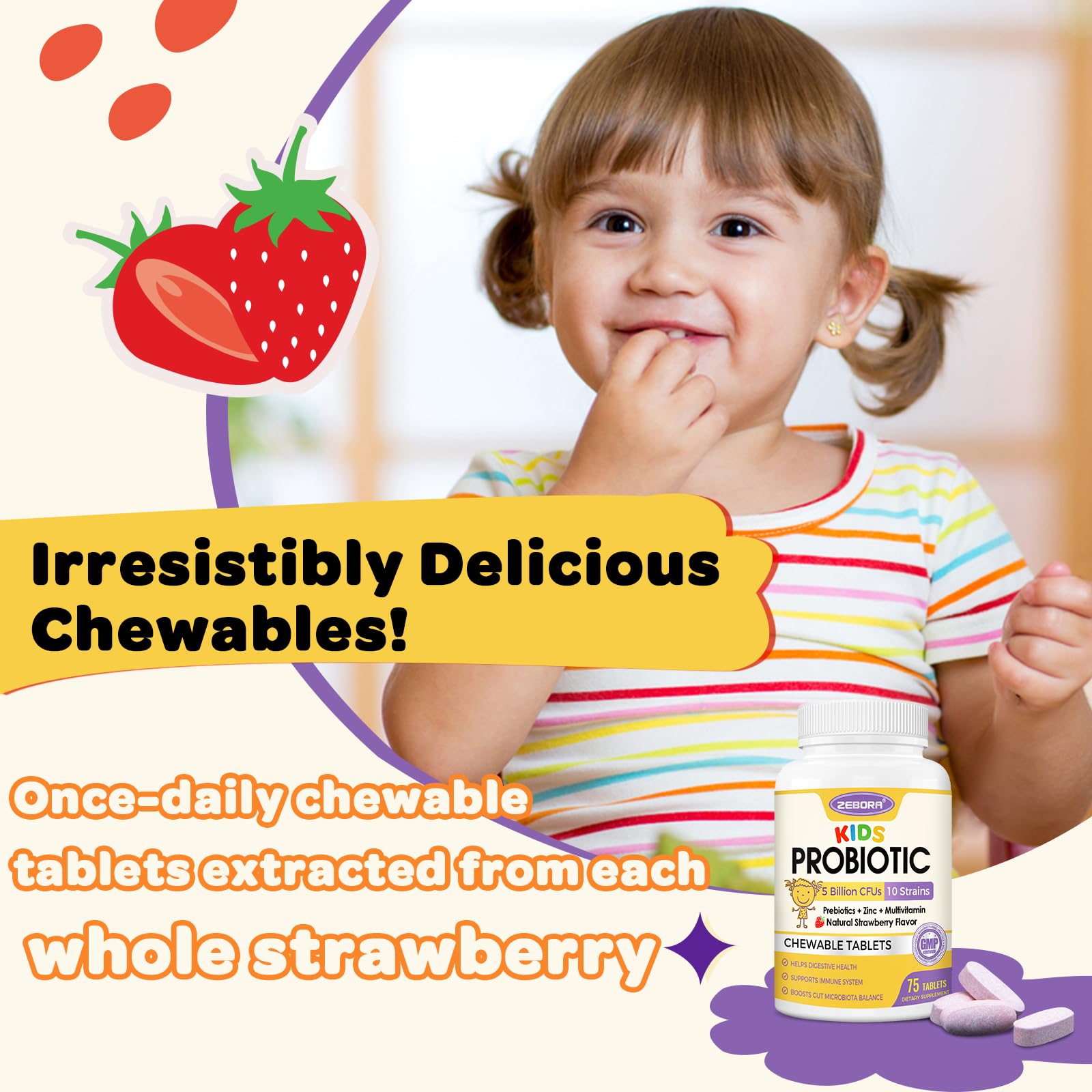 Side view of Zebora bottle label emphasizing 75 servings per bottle