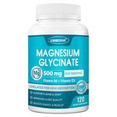 ZEBORA magnesium glycinate 500mg bottle shown for daily wellness support.