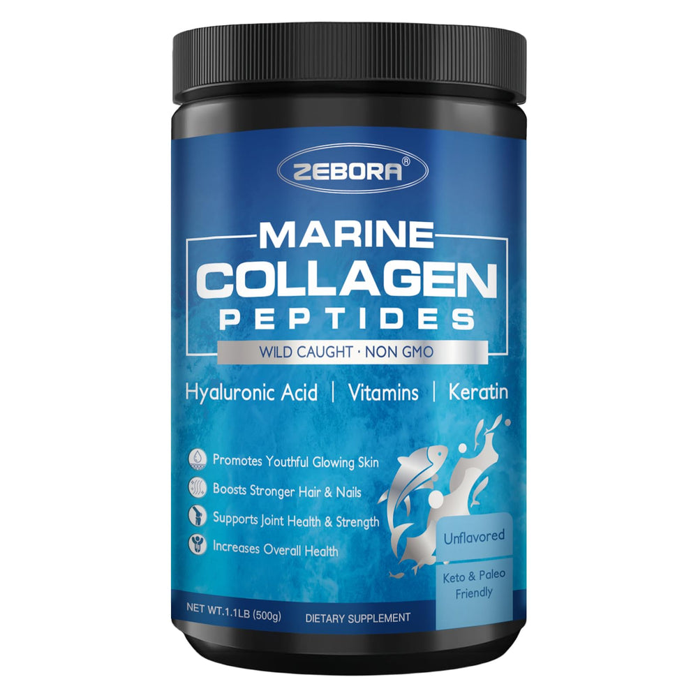 ZEBORA marine collagen powder jar showing 50 servings for daily beauty support