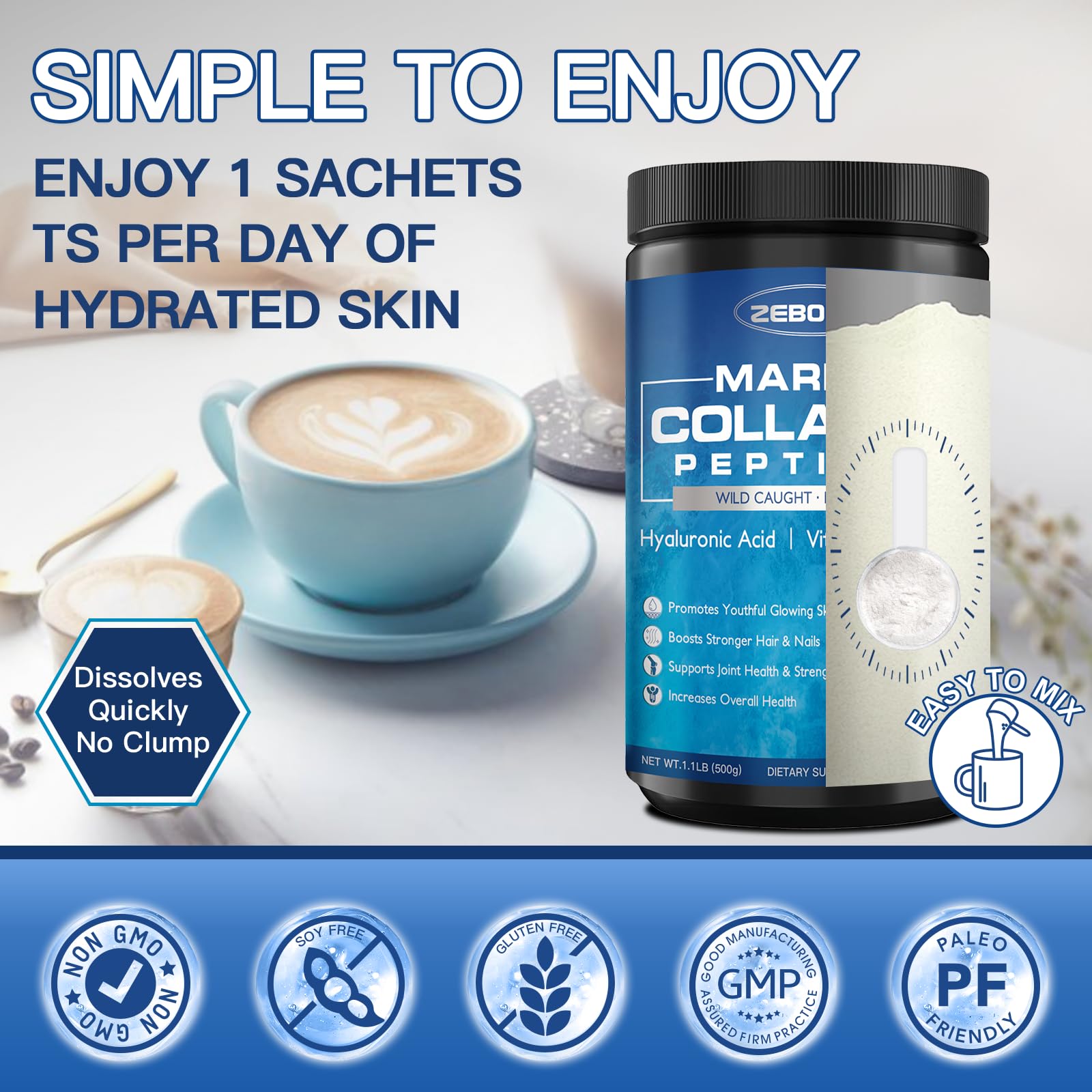 ZEBORA marine collagen powder nutrition label with clear ingredients