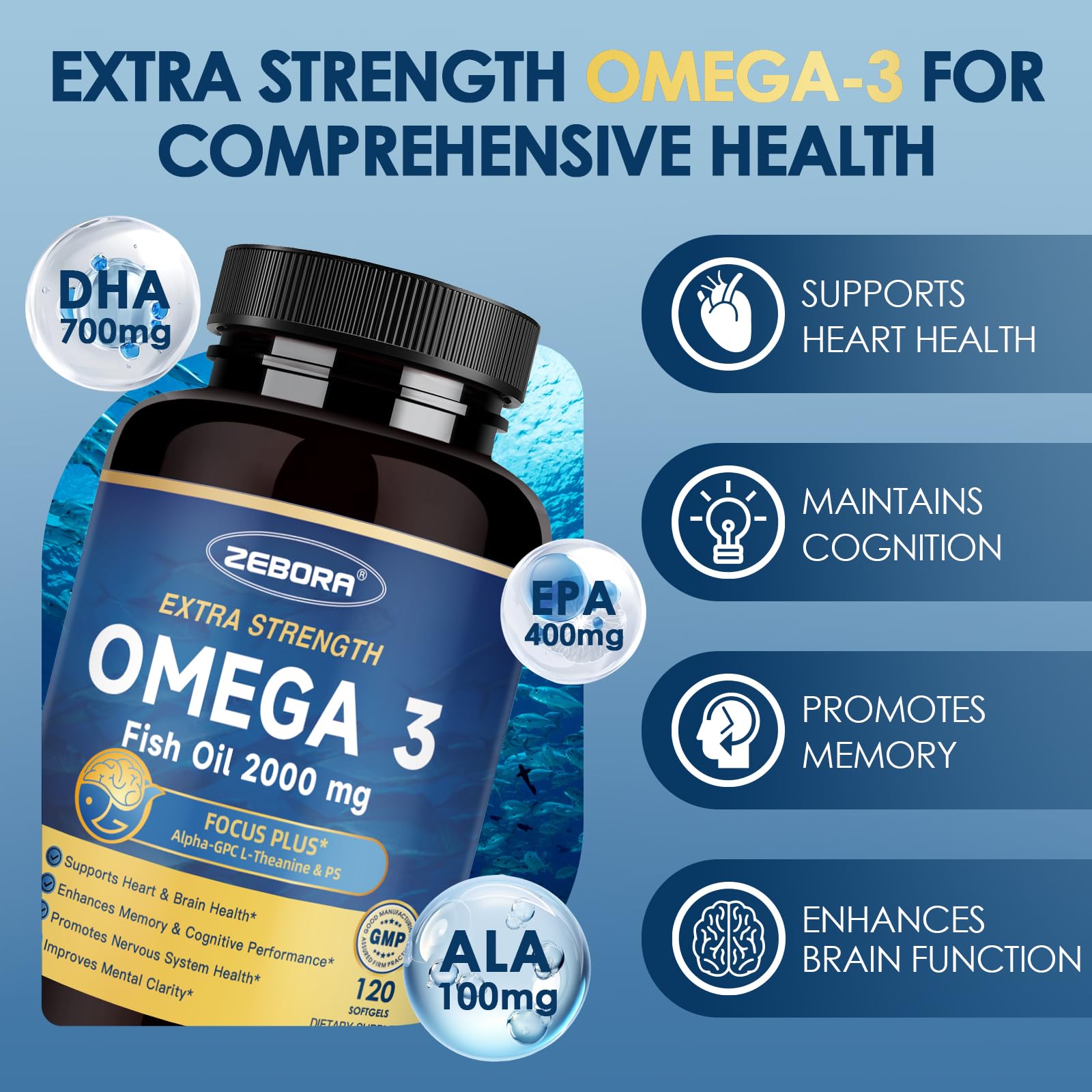 ZEBORA label detail showcasing DHA and EPA content and sustainable sourcing.